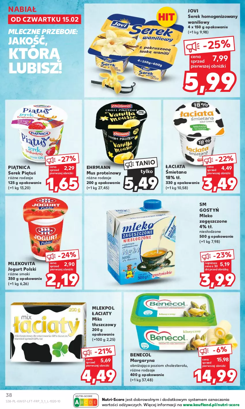 Gazetka promocyjna Kaufland - Gazetka tygodnia - ważna 15.02 do 21.02.2024 - strona 38 - produkty: Benecol, Jogurt, Margaryna, Miks tłuszczowy, Mleko, Mleko zagęszczone, Mlekovita, Mus, Piątnica, Ser, Serek, Serek homogenizowany