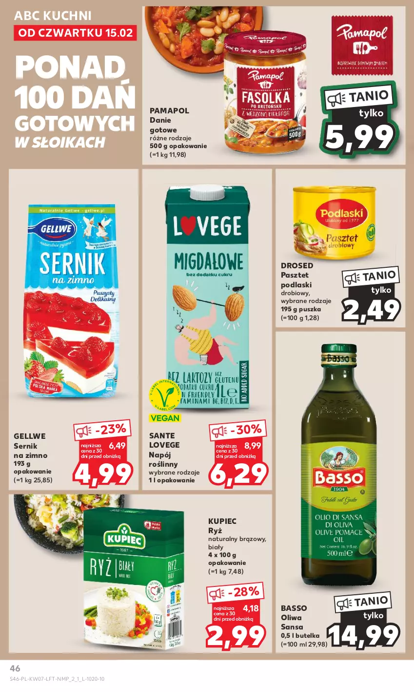 Gazetka promocyjna Kaufland - Gazetka tygodnia - ważna 15.02 do 21.02.2024 - strona 46 - produkty: Danie gotowe, Kupiec, Napój, Napój roślinny, Pasztet, Piec, Podlaski, Ryż, Ryż naturalny, Sante, Ser