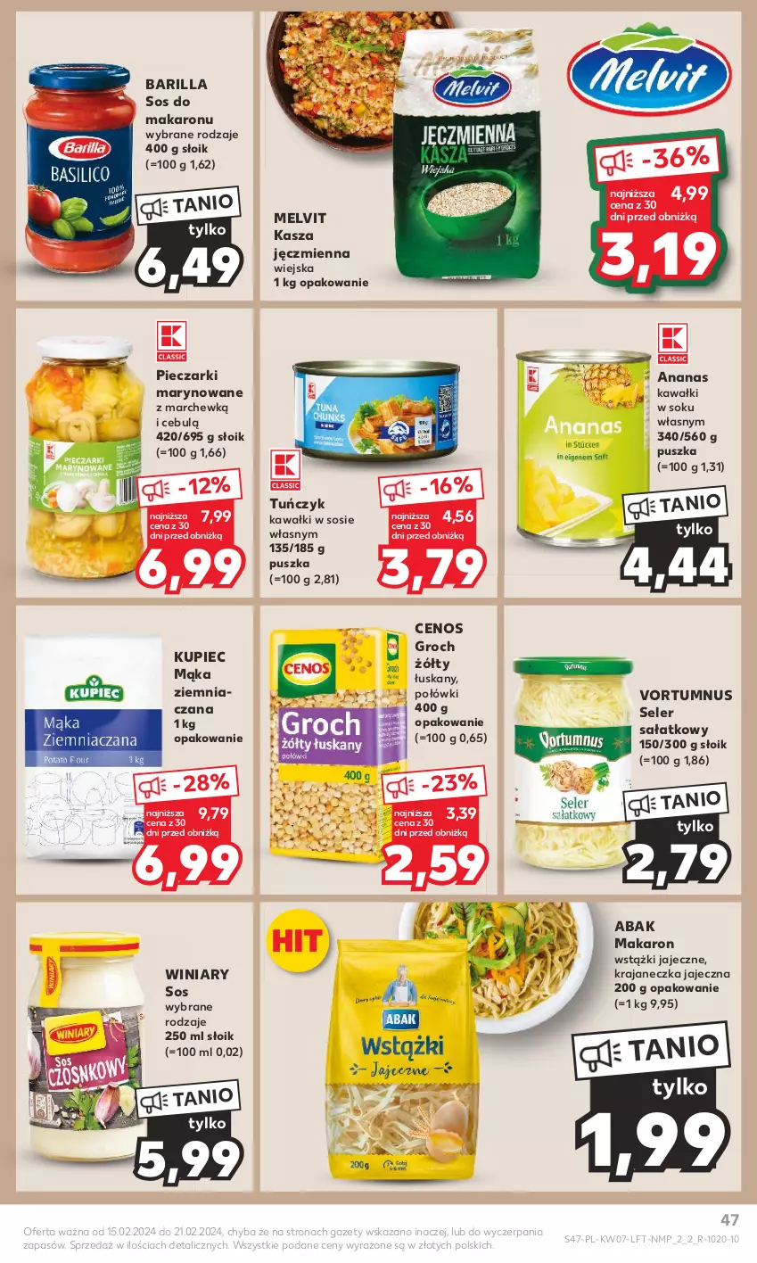 Gazetka promocyjna Kaufland - Gazetka tygodnia - ważna 15.02 do 21.02.2024 - strona 47 - produkty: Ananas, Barilla, Cenos, Groch, Kasza, Kasza jęczmienna, Kawa, Kupiec, Mąka, Makaron, Melvit, Piec, Sałat, Sok, Sos, Sos do makaronu, Tuńczyk, Winiary