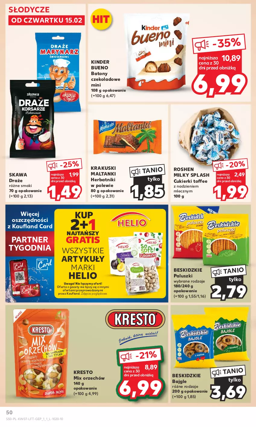 Gazetka promocyjna Kaufland - Gazetka tygodnia - ważna 15.02 do 21.02.2024 - strona 50 - produkty: Bajgle, Baton, Beskidzki, Beskidzkie paluszki, Cukier, Cukierki, Gra, Helio, Herbatniki, Kawa, Kinder, Kinder Bueno, Krakus, Krakuski, Waga