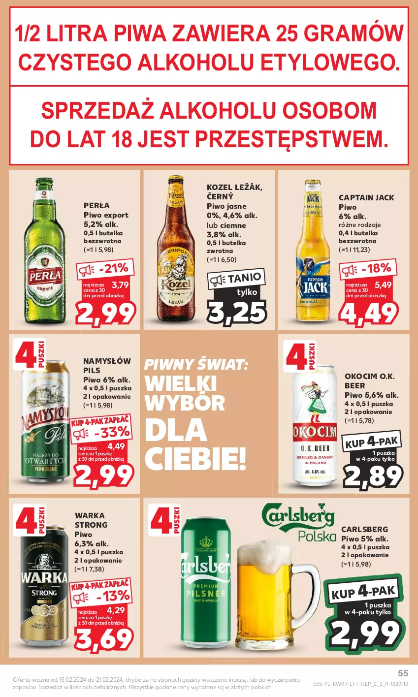 Gazetka promocyjna Kaufland - Gazetka tygodnia - ważna 15.02 do 21.02.2024 - strona 55 - produkty: Captain Jack, Carlsberg, Gra, Koc, Kozel, Namysłów, Okocim, Perła, Piwa, Piwo, Piwo jasne, Por, Warka