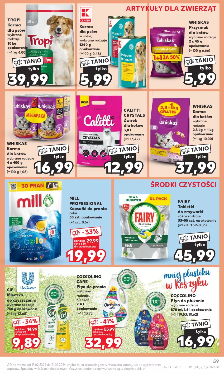 Gazetka promocyjna Kaufland - Gazetka tygodnia - ważna 15.02 do 21.02.2024 - strona 59 - produkty: Cif, Coccolino, Fa, Fairy, Kapsułki do prania, Mleczko, Płyn do płukania, Płyn do prania, Sos, Tablet, Tabletki do zmywarki, Whiskas, Zmywarki