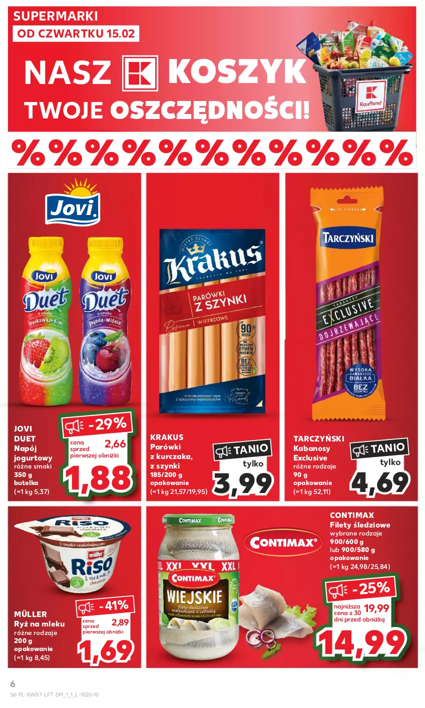 Gazetka promocyjna Kaufland - Gazetka tygodnia - ważna 15.02 do 21.02.2024 - strona 6 - produkty: Jogurt, Kabanos, Kosz, Krakus, Kurczak, Müller, Napój, Napój jogurtowy, Parówki, Ryż, Ryż na mleku, Tarczyński