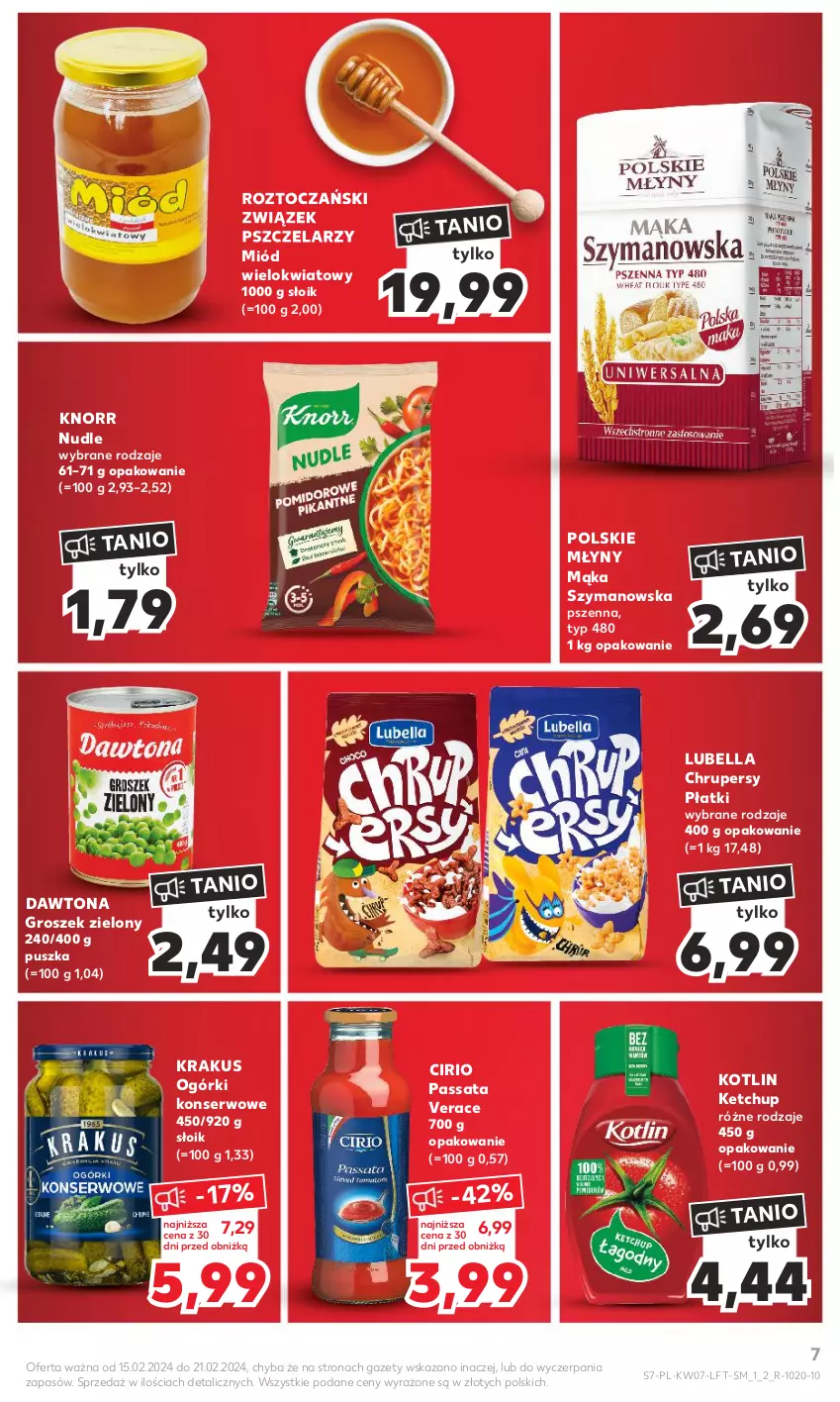 Gazetka promocyjna Kaufland - Gazetka tygodnia - ważna 15.02 do 21.02.2024 - strona 7 - produkty: Bell, Bella, Dawtona, Groszek, Ketchup, Knorr, Kotlin, Krakus, Lubella, Mąka, Miód, Ogórki konserwowe, Polskie Młyny, Ser