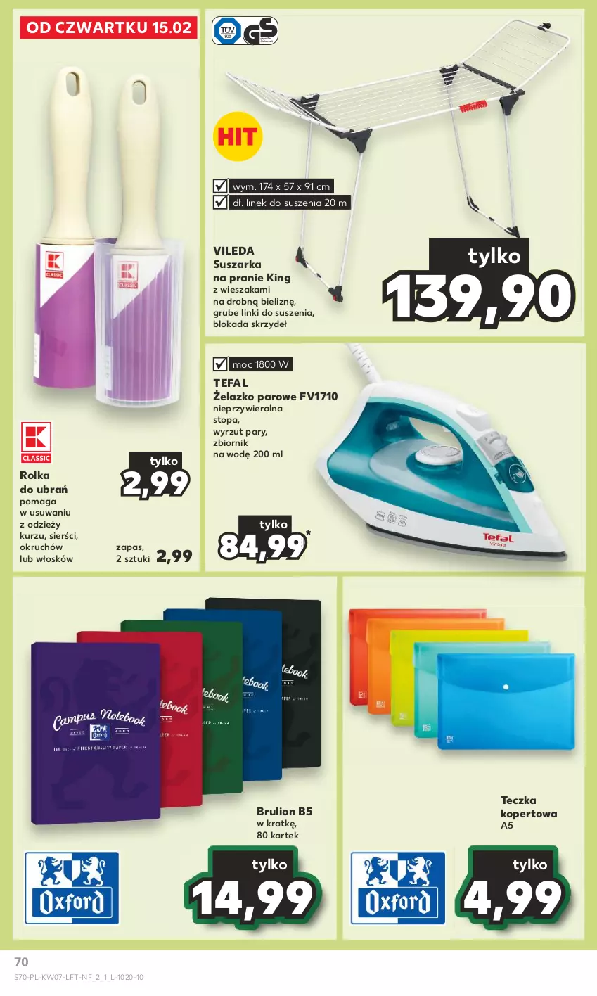 Gazetka promocyjna Kaufland - Gazetka tygodnia - ważna 15.02 do 21.02.2024 - strona 70 - produkty: Fa, Lion, Suszarka, Suszarka na pranie, Tefal, Top, Vileda, Wieszak