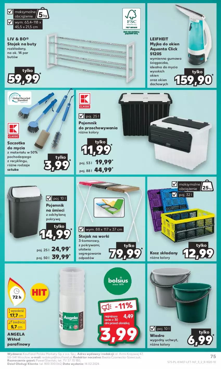 Gazetka promocyjna Kaufland - Gazetka tygodnia - ważna 15.02 do 21.02.2024 - strona 75 - produkty: Buty, Dres, Kosz, Myjka do okien, Pojemnik, Pojemnik do przechowywania, Pojemnik na śmieci, Pokrywa, Sok, Stojak, Stojak na buty, Szczotka, Wiadro