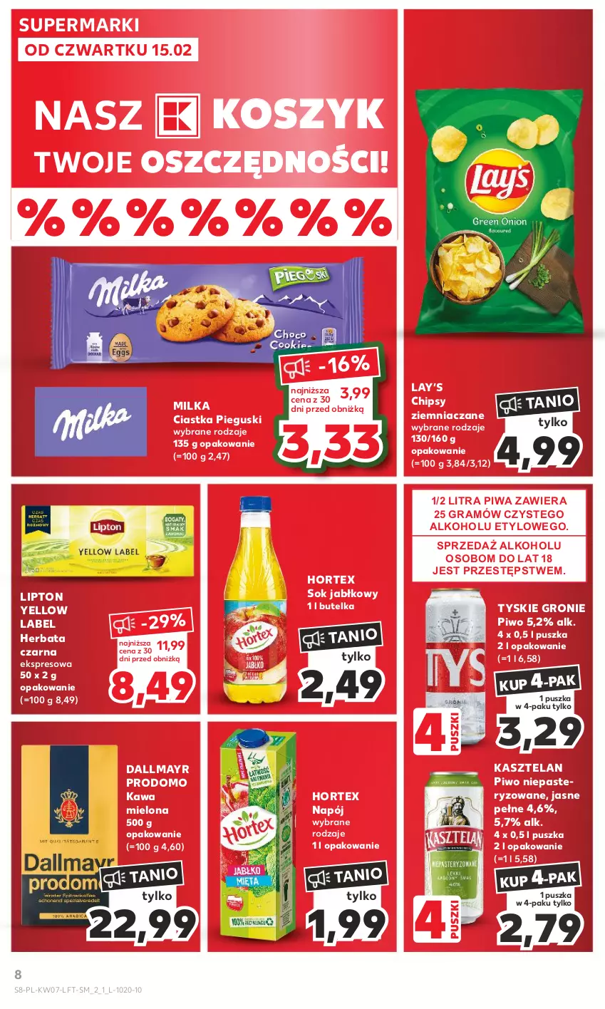 Gazetka promocyjna Kaufland - Gazetka tygodnia - ważna 15.02 do 21.02.2024 - strona 8 - produkty: Chipsy, Ciastka, Dallmayr, Gra, Herbata, Herbata czarna, Hortex, Kasztelan, Kawa, Kawa mielona, Kosz, Lay’s, Lipton, Milka, Napój, Piwa, Piwo, Sok, Sok jabłkowy, Tyskie