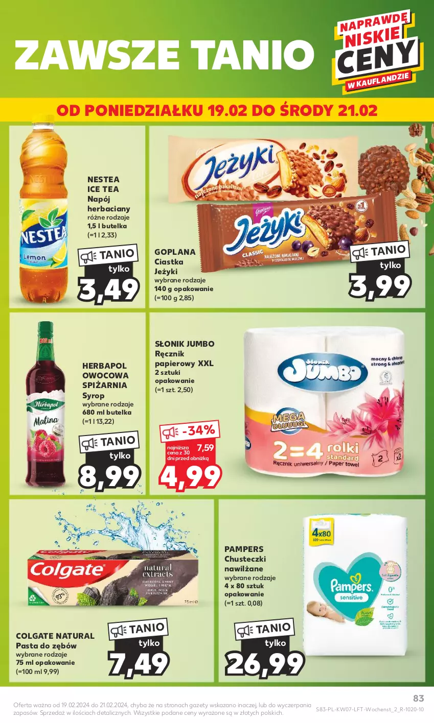 Gazetka promocyjna Kaufland - Gazetka tygodnia - ważna 15.02 do 21.02.2024 - strona 83 - produkty: Chusteczki, Ciastka, Colgate, Goplana, Herbapol, Ice tea, Jeżyki, LANA, LG, Napój, Nestea, Pampers, Papier, Pasta do zębów, Ręcznik, Syrop