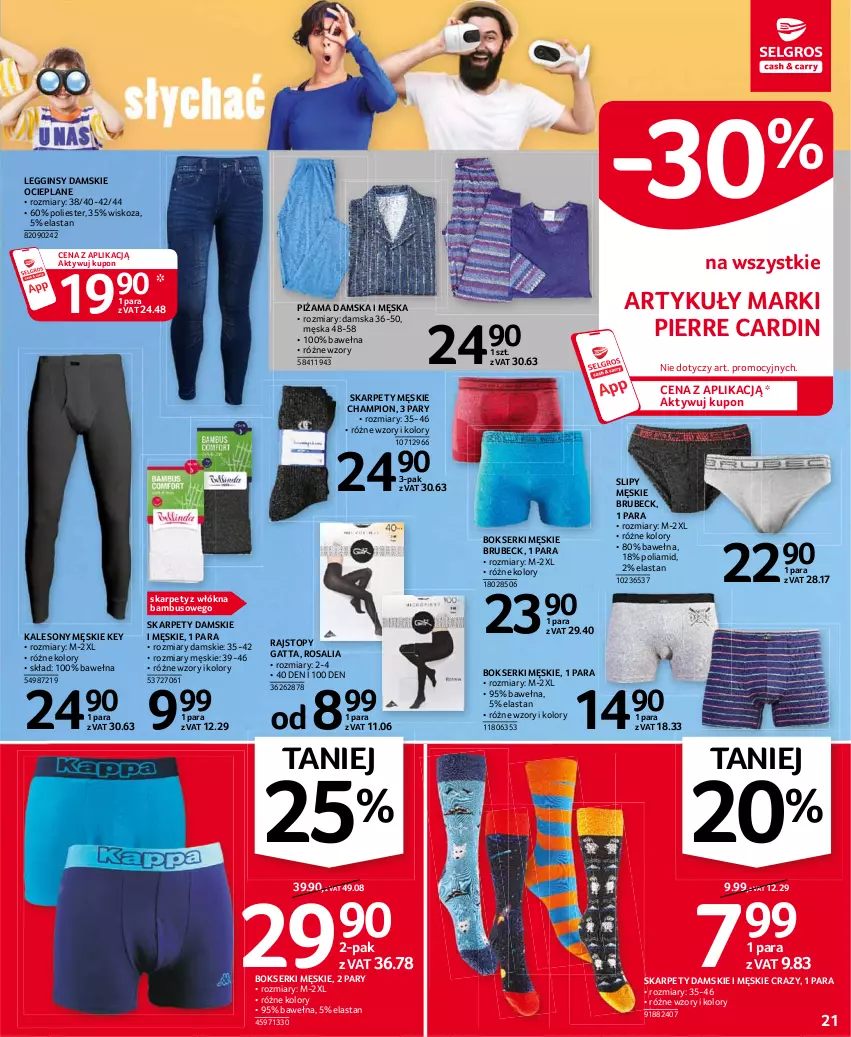 Gazetka promocyjna Selgros - Oferta przemysłowa - ważna 21.01 do 03.02.2021 - strona 21 - produkty: Bokserki, Gatta, Gin, Kalesony, Karp, Legginsy, Pierre Cardin, Piżama, Rajstopy, Ser, Slipy, Sony, Top, Wełna