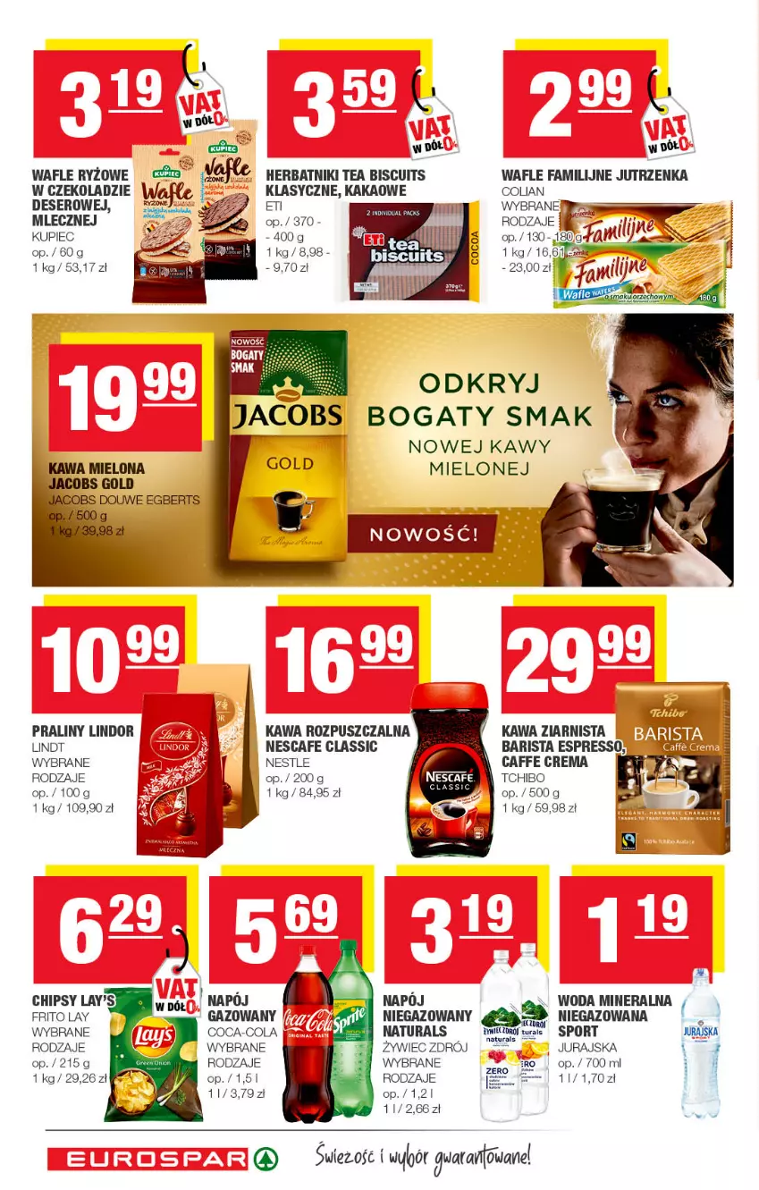 Gazetka promocyjna Spar - EuroSpar - ważna 29.05 do 08.06.2022 - strona 14 - produkty: Chipsy, Coca-Cola, Deser, Fa, Herbatniki, Jutrzenka, Kakao, Kawa, Kawa mielona, Kawa rozpuszczalna, Kawa ziarnista, Kupiec, Lindor, Lindt, Napój, Piec, Por, Praliny, Ryż, Ser, Sport, Tchibo, Wafle, Woda, Woda mineralna