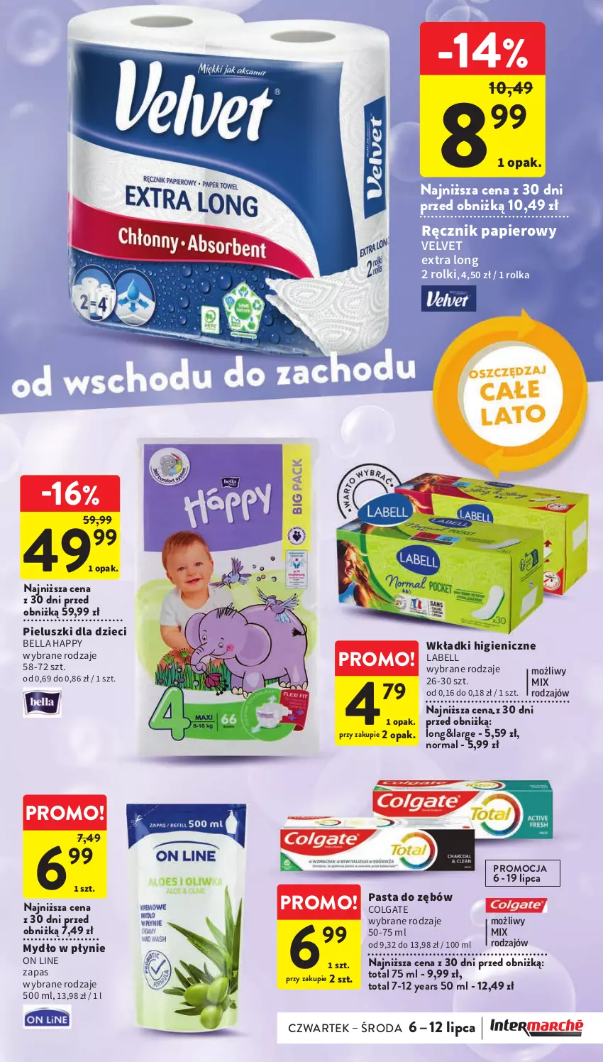 Gazetka promocyjna Intermarche - Gazetka Intermarche - ważna 06.07 do 12.07.2023 - strona 35 - produkty: Bell, Bella, Colgate, Dzieci, LG, Mydło, Mydło w płynie, Papier, Pasta do zębów, Ręcznik, Rolki, Velvet, Wkładki