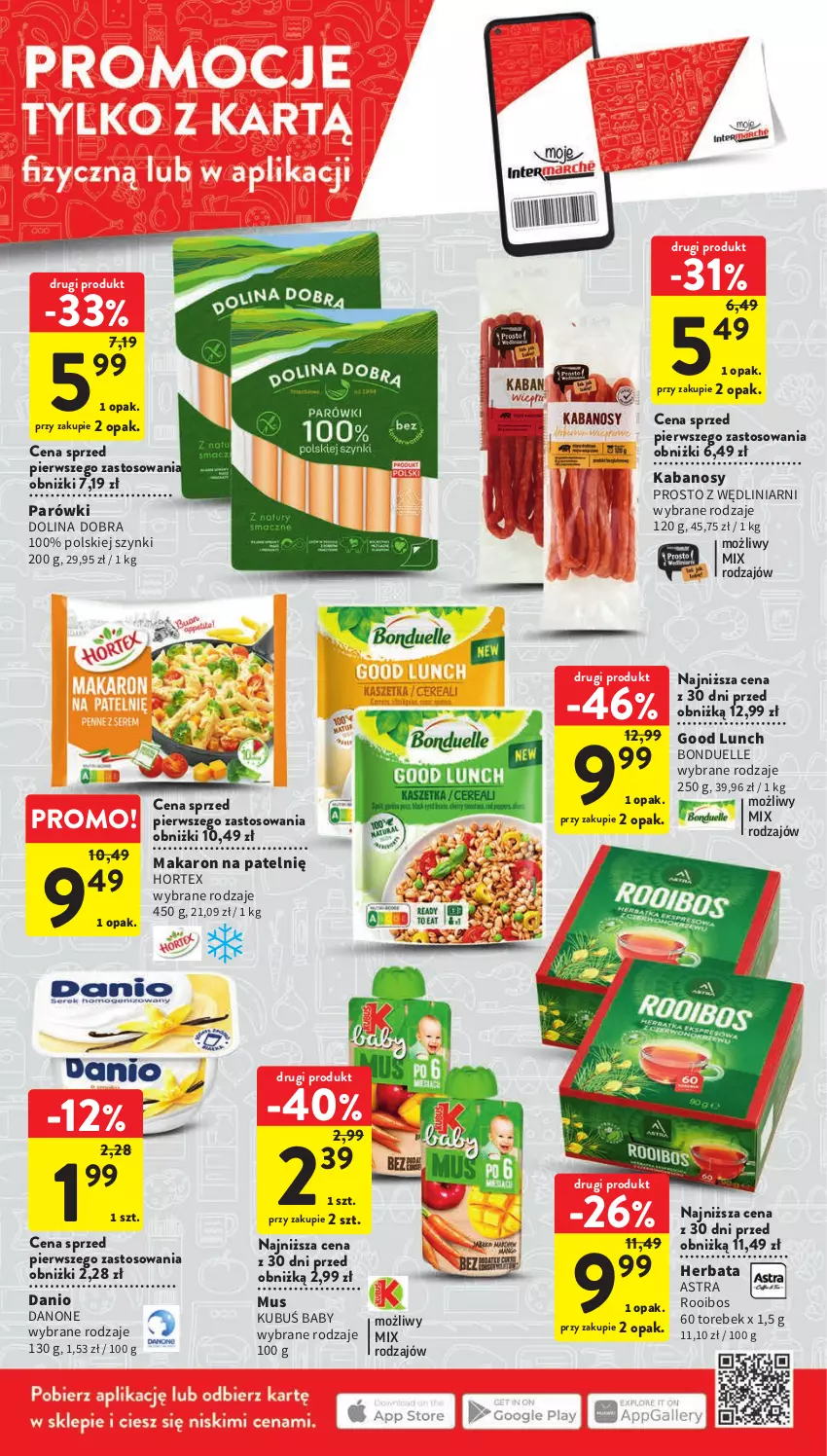 Gazetka promocyjna Intermarche - Gazetka Intermarche - ważna 06.07 do 12.07.2023 - strona 8 - produkty: Bonduelle, Danio, Danone, Herbata, Hortex, Kabanos, Kubuś, Makaron, Mus, Parówki