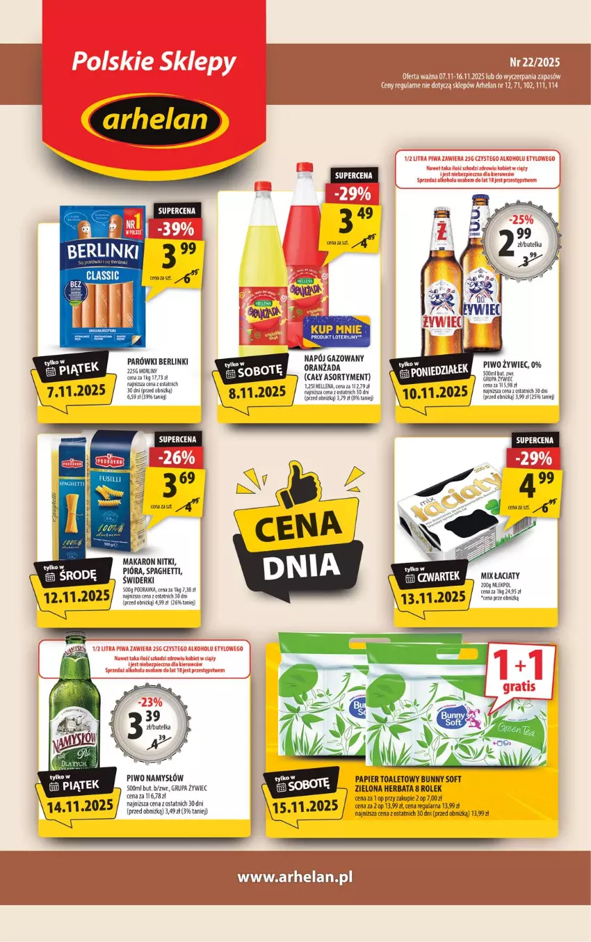 Gazetka promocyjna Arhelan - Gazetka - ważna 07.11 do 16.11.2025 - strona 1 - produkty: Berlinki, Hellena, Herbata, Makaron, Morliny, Namysłów, Papier, Papier toaletowy, Parówki, Piwo, Podravka, Spaghetti