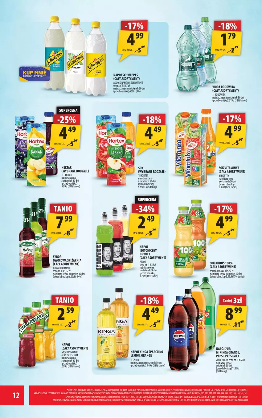 Gazetka promocyjna Arhelan - Gazetka - ważna 07.11 do 16.11.2025 - strona 12 - produkty: Clin, Herbapol, Hortex, Inka, Kubuś, Mirinda, Napój, Nektar, Oshee, Pepsi, Pepsi max, Rum, Schweppes, Sok, Syrop, Tymbark, Woda