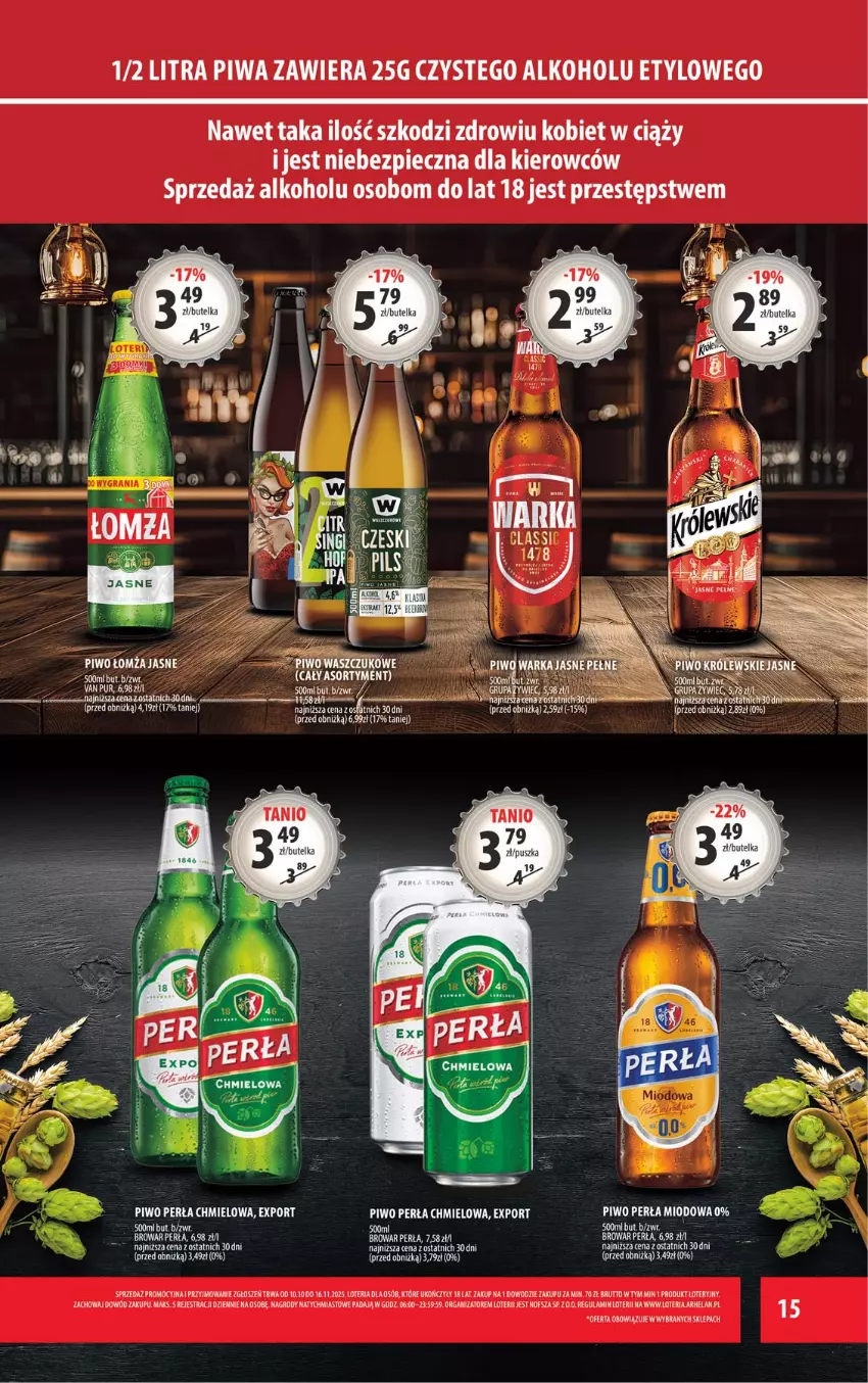 Gazetka promocyjna Arhelan - Gazetka - ważna 07.11 do 16.11.2025 - strona 15 - produkty: Fa, Królewski, Perła, Piwa, Piwo, Por, Warka, Woda
