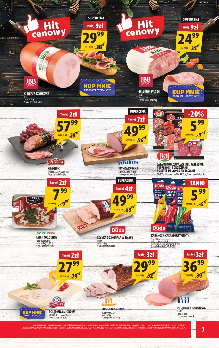 Gazetka promocyjna Arhelan - Gazetka - ważna 07.11 do 16.11.2025 - strona 3 - produkty: Bell, Duda, Kabanos, Kindziuk, Krakus, Polędwica, Por, Salami, Sos, Szynka