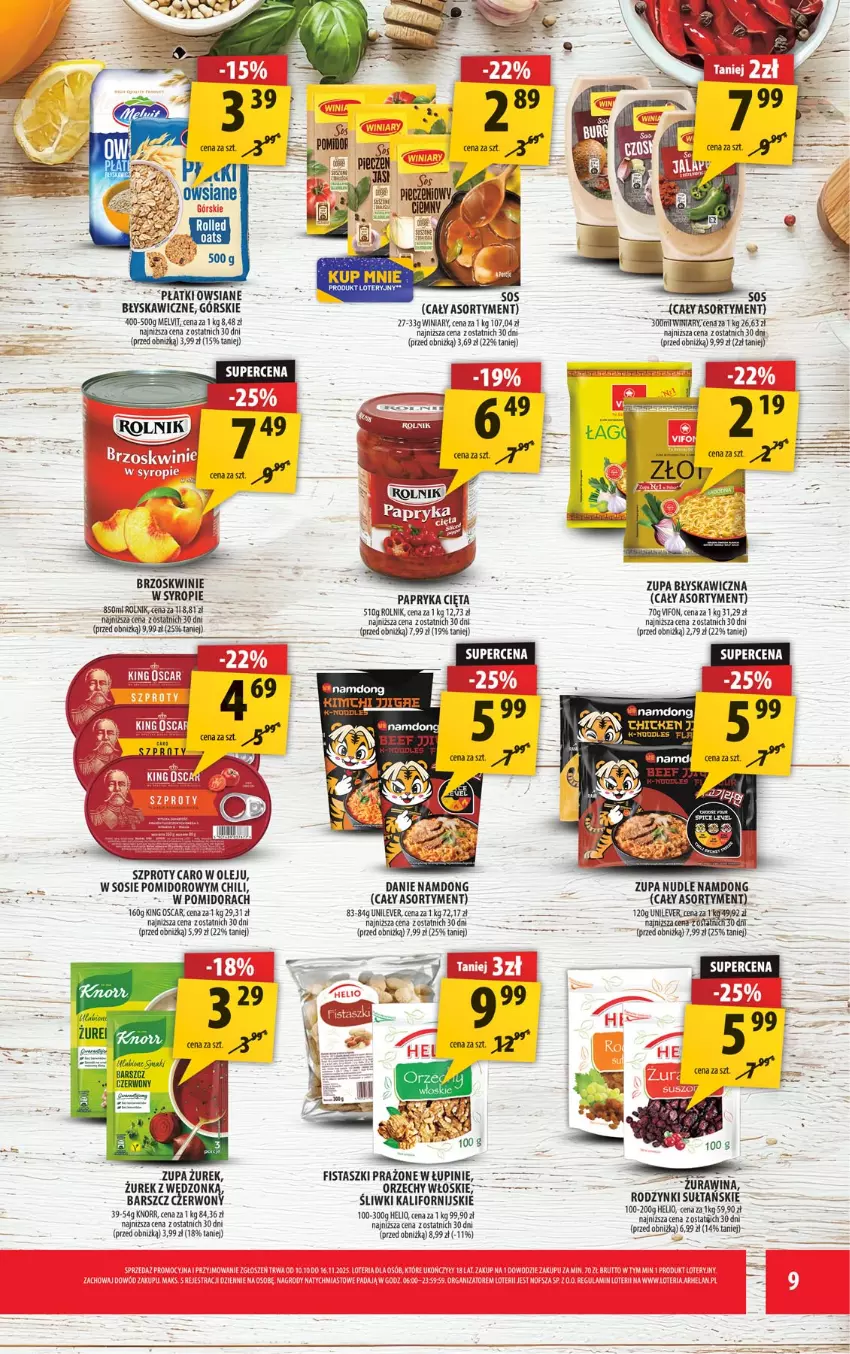 Gazetka promocyjna Arhelan - Gazetka - ważna 07.11 do 16.11.2025 - strona 9 - produkty: Brzoskwinie, Fa, Knorr, Olej, Orzechy włoskie, Papryka, Rodzynki, Rolnik, Sos, Syrop, Szprot, Winiary, Zupa