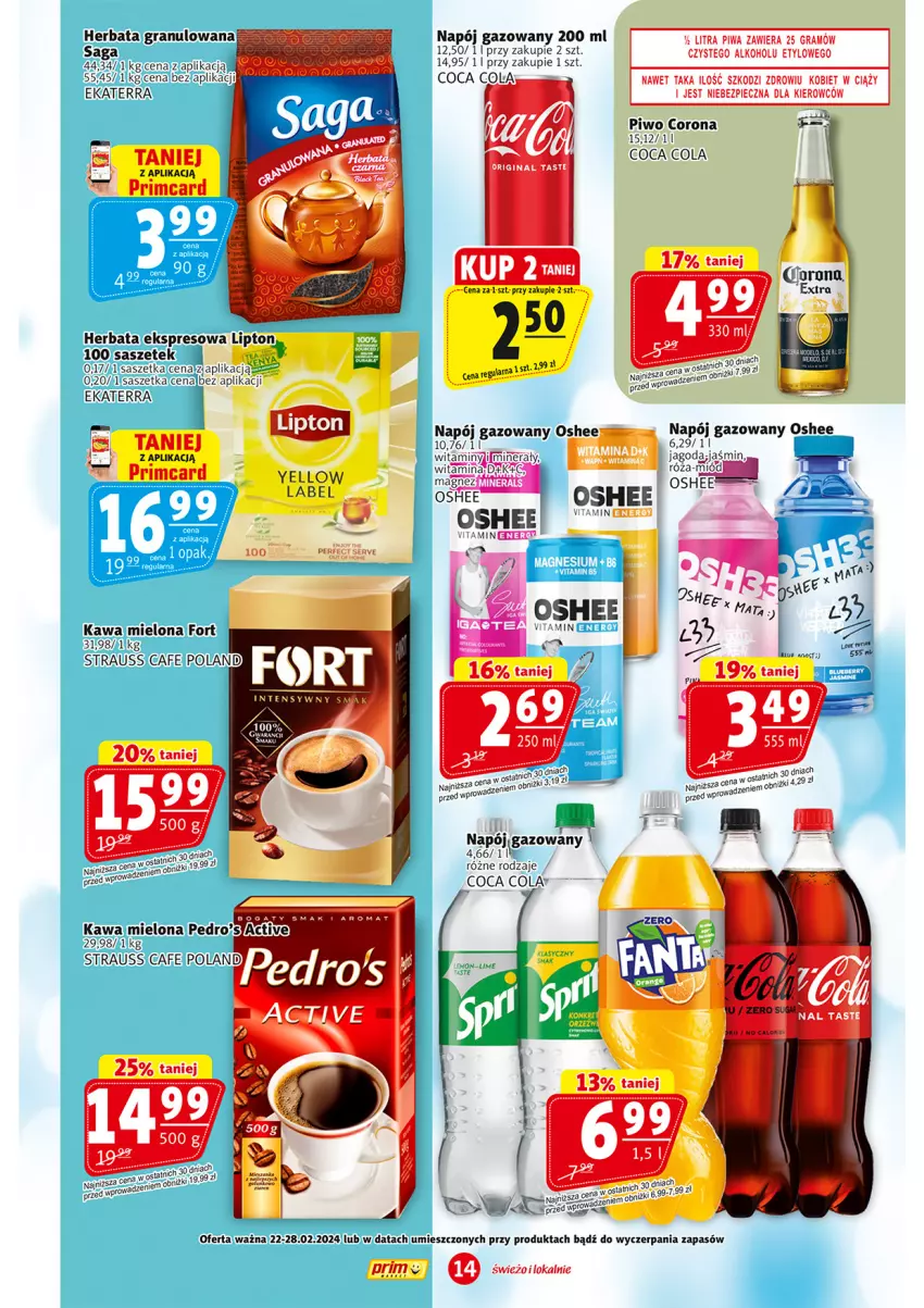 Gazetka promocyjna Prim Market - ważna 22.02 do 28.02.2024 - strona 14 - produkty: Gin, Gra, Herbata, Kawa, Kawa mielona, Lipton, Napój, Napój gazowany, Oreo, Oshee, Piec, Piwa, Piwo, Saga, Ser