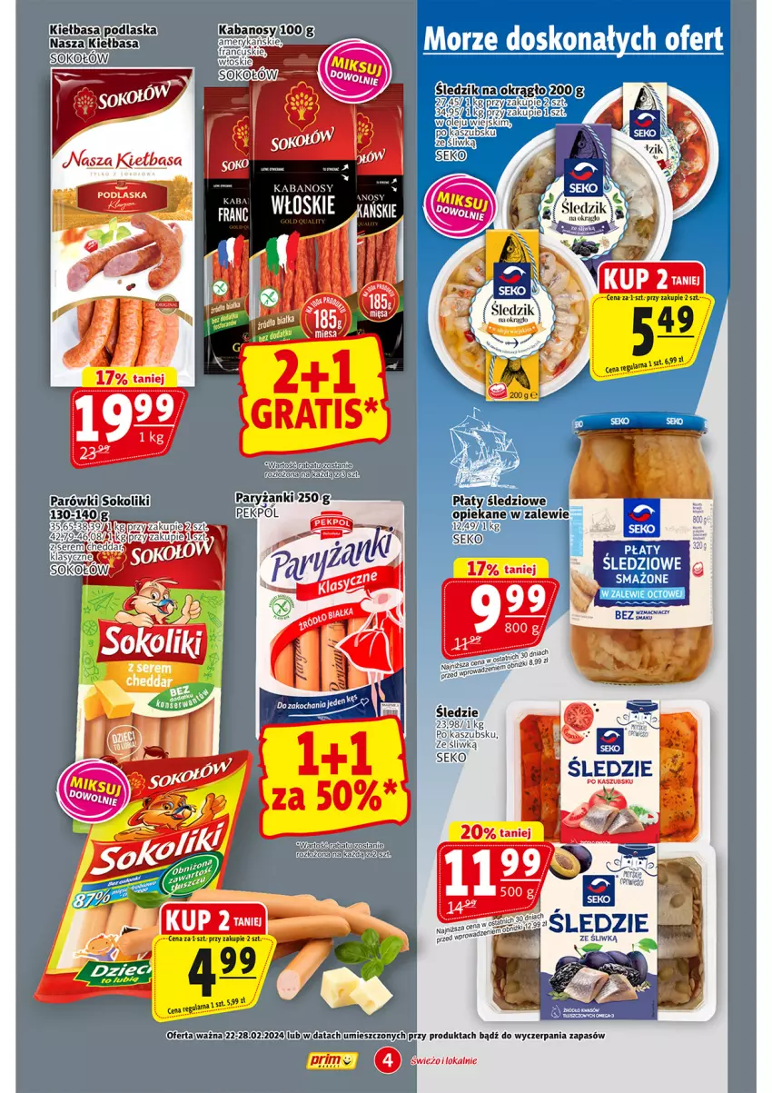 Gazetka promocyjna Prim Market - ważna 22.02 do 28.02.2024 - strona 4 - produkty: Kabanos, Kiełbasa, Olej, Parówki, Pekpol, Ryż, SEKO, Sok, Sokołów