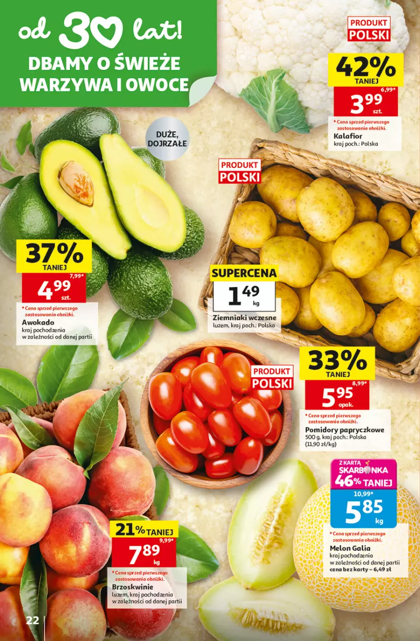 Gazetka promocyjna Auchan - Gazetka 30 Lat Hipermarket Auchan - ważna 18.06 do 24.06.2026 - strona 22 - produkty: Brzoskwinie, Melon, Owoce, Pomidory, Warzywa, Warzywa i owoce, Ziemniaki