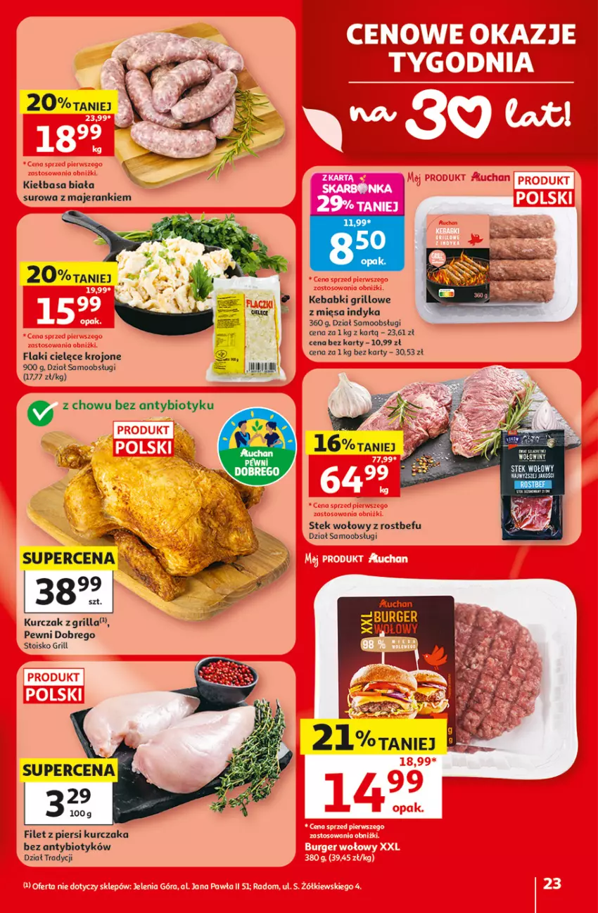 Gazetka promocyjna Auchan - Gazetka 30 Lat Hipermarket Auchan - ważna 18.06 do 24.06.2026 - strona 23 - produkty: Burger, Filet z piersi kurczaka, Flaki, Grill, Kebab, Kiełbasa, Kiełbasa biała, Kurczak, Rostbef, Stek, Stek wołowy