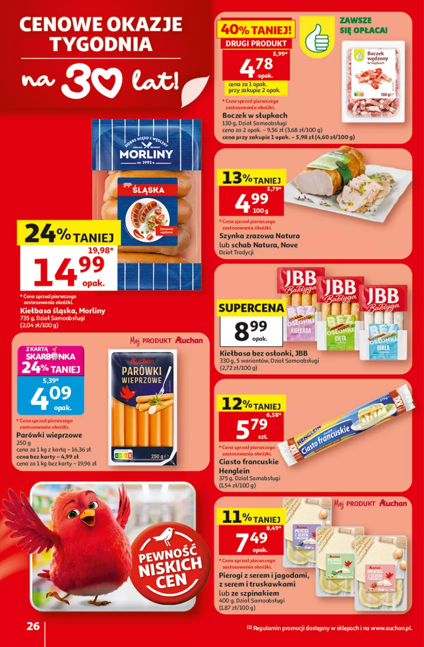 Gazetka promocyjna Auchan - Gazetka 30 Lat Hipermarket Auchan - ważna 18.06 do 24.06.2026 - strona 26 - produkty: Boczek, Ciasto francuskie, Kiełbasa, Parówki, Pierogi, Ser, Szpinak, Szynka