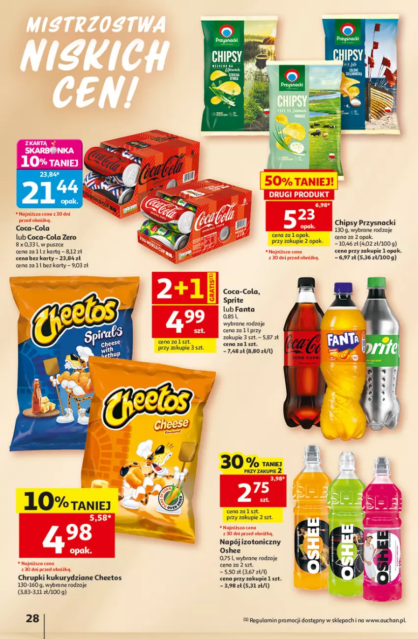 Gazetka promocyjna Auchan - Gazetka 30 Lat Hipermarket Auchan - ważna 18.06 do 24.06.2026 - strona 28 - produkty: Cheetos, Chipsy, Chrupki, Coca-Cola, Fa, Fanta, Napój, Napój izotoniczny, Oshee, Przysnacki, Sprite