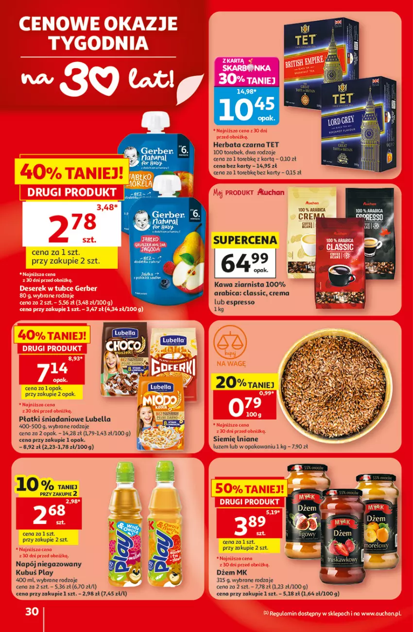 Gazetka promocyjna Auchan - Gazetka 30 Lat Hipermarket Auchan - ważna 18.06 do 24.06.2026 - strona 30 - produkty: Bell, Bella, BIC, Danio, Dżem, Herbata, Herbata czarna, Kawa, Kawa ziarnista, Kubuś, Lubella, Napój, Napój niegazowany