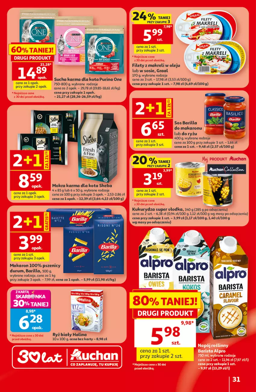 Gazetka promocyjna Auchan - Gazetka 30 Lat Hipermarket Auchan - ważna 18.06 do 24.06.2026 - strona 31 - produkty: Barilla, Fa, Gra, Graal, Kokos, Kukurydza, Makaron, Mokra karma, Olej, Pur, Purina, Rum, Ryż, Ryż biały, Sheba, Sos, Sucha karma