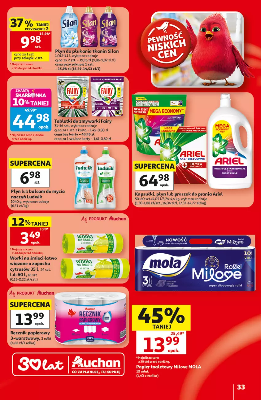 Gazetka promocyjna Auchan - Gazetka 30 Lat Hipermarket Auchan - ważna 18.06 do 24.06.2026 - strona 33 - produkty: Ariel, Balsam do mycia naczyń, Do mycia naczyń, Fa, Fairy, Ludwik, Papier, Płyn do płukania, Proszek do prania, Ręcznik, Rolki, Silan, Tablet, Tabletki do zmywarki, Zmywarki