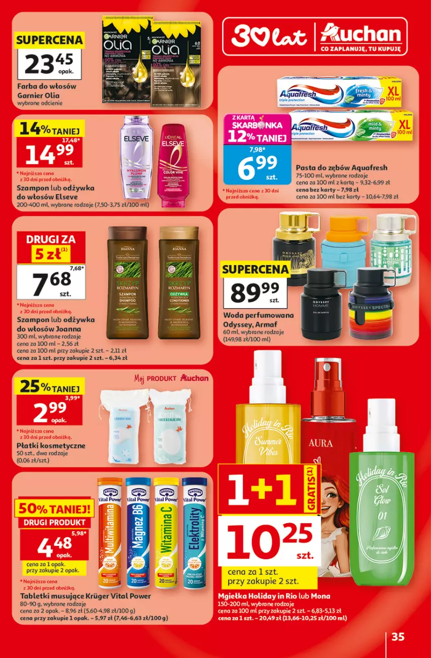 Gazetka promocyjna Auchan - Gazetka 30 Lat Hipermarket Auchan - ważna 18.06 do 24.06.2026 - strona 35 - produkty: Aquafresh, Elseve, Fa, Farba do włosów, Garnier, Joanna, Mus, Odżywka, Pasta do zębów, Perfum, Płatki kosmetyczne, Szampon, Tablet, Tabletki musujące, Woda, Woda perfumowana