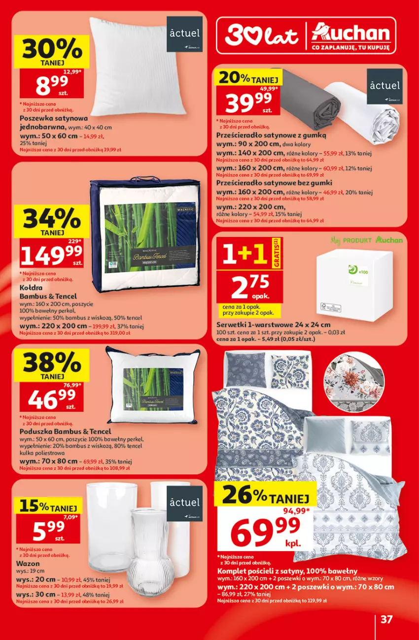 Gazetka promocyjna Auchan - Gazetka 30 Lat Hipermarket Auchan - ważna 18.06 do 24.06.2026 - strona 37 - produkty: Kołdra, Poduszka, Poszewka, Prześcieradło, Ser, Serwetki, Wazon