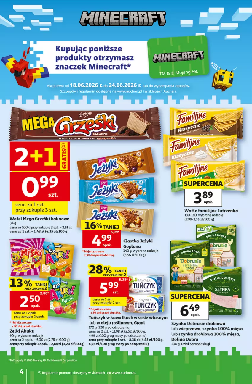 Gazetka promocyjna Auchan - Gazetka 30 Lat Hipermarket Auchan - ważna 18.06 do 24.06.2026 - strona 4 - produkty: Ciastka, Fa, Goplana, Gra, Graal, Grześki, Jeżyki, Jutrzenka, Kakao, Kawa, LANA, Minecraft, Obrus, Olej, Sos, Szynka, Tuńczyk, Wafle