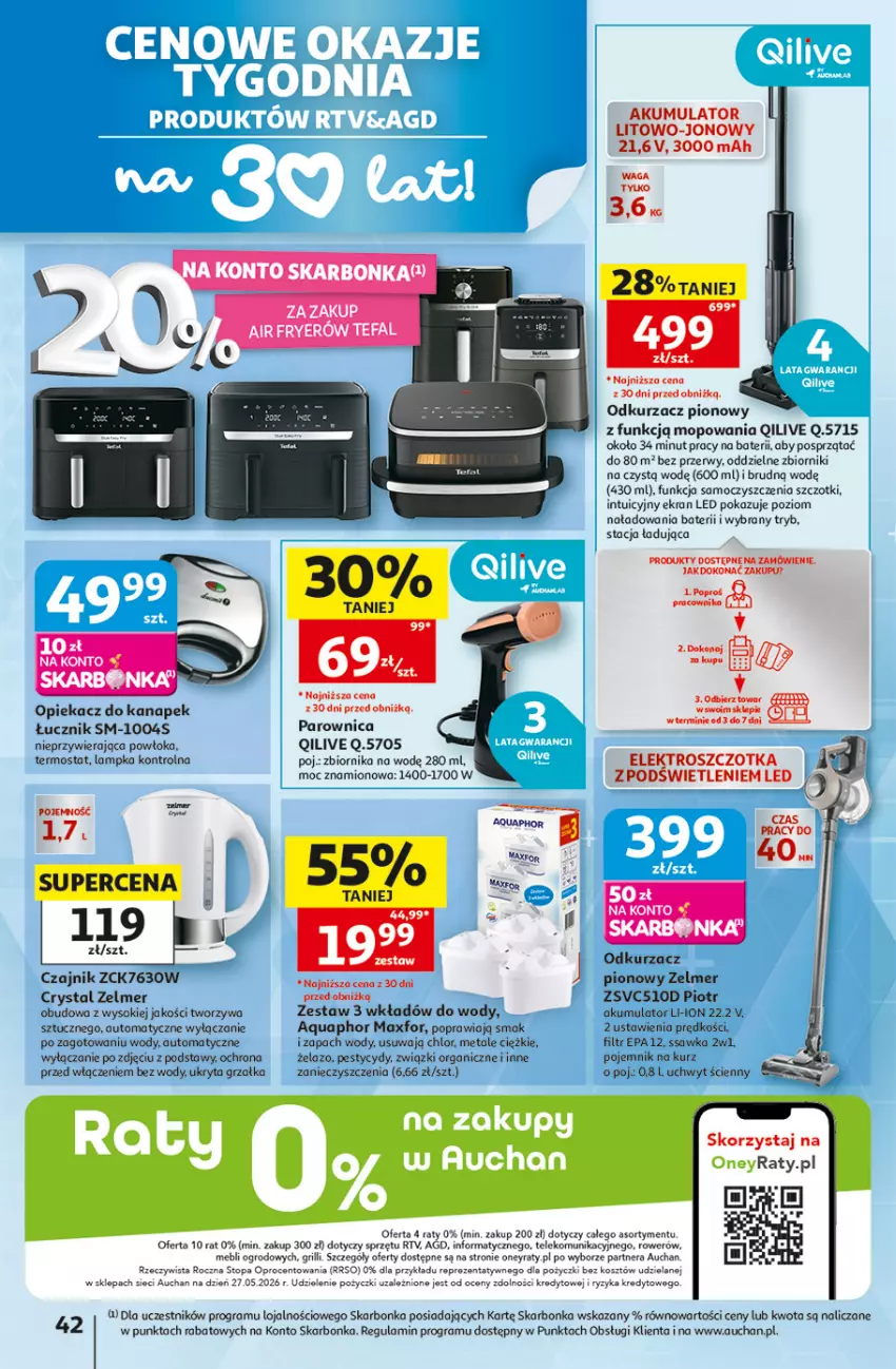 Gazetka promocyjna Auchan - Gazetka 30 Lat Hipermarket Auchan - ważna 18.06 do 24.06.2026 - strona 42 - produkty: Akumulator, Aquaphor, Czajnik, Fa, Gra, Grill, Grzałka, Kosz, Mop, Odkurzacz, Opiekacz do kanapek, Parownica, Pojemnik, Rower, Sok, Szczotka, Tefal, Termos, Top, Waga, Zelmer