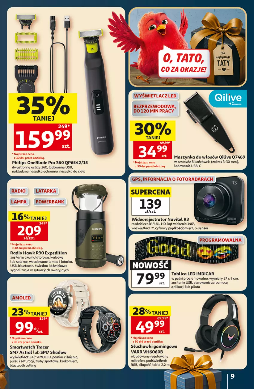 Gazetka promocyjna Auchan - Gazetka 30 Lat Hipermarket Auchan - ważna 18.06 do 24.06.2026 - strona 9 - produkty: Acer, Akumulator, Amol, Anew, Gra, Krokomierz, Lampa, Latarka, Maszynka, Mikrofon, Navitel, Philips, Philips OneBlade, Por, Silan, Słuchawki, Słuchawki gamingowe, Smartwatch, Sport, Szynka, Tarka, Wideorejestrator