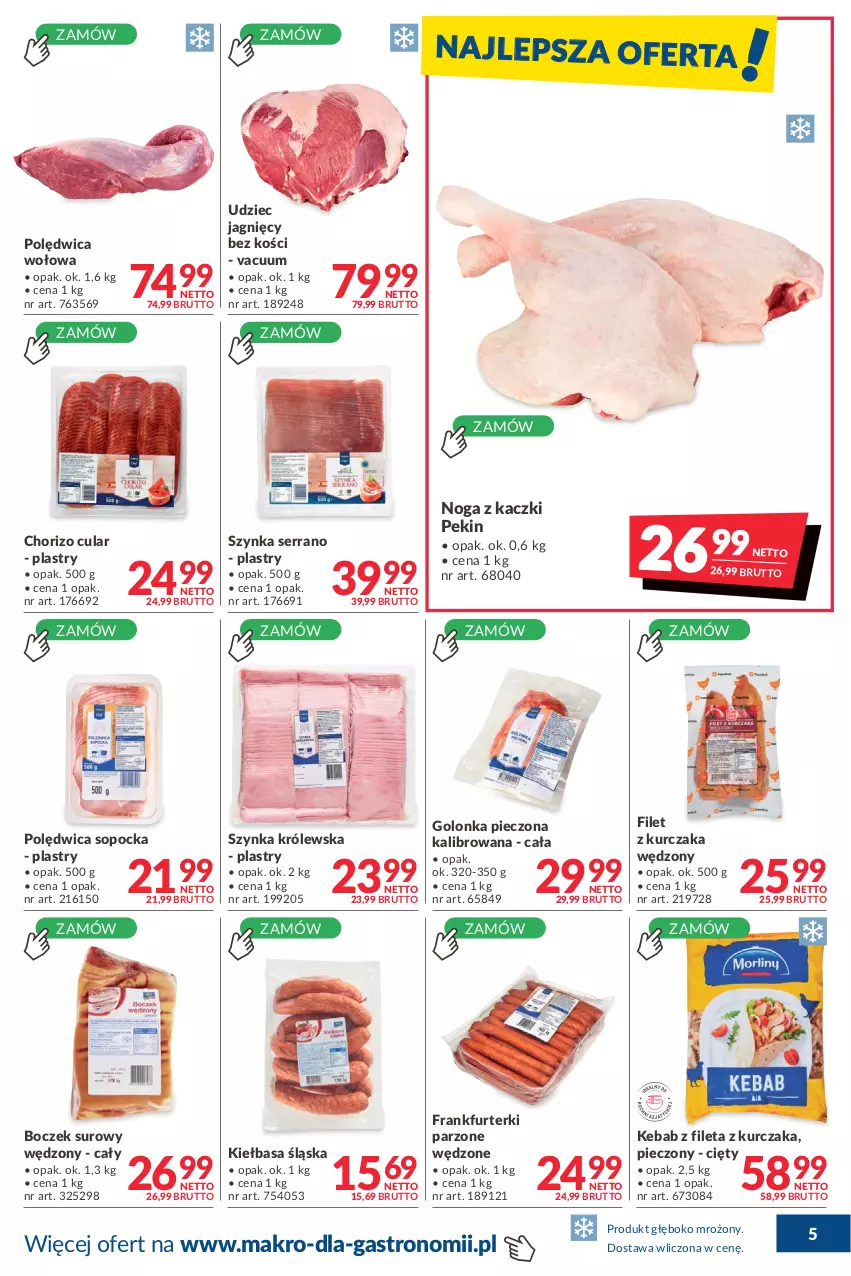 Gazetka promocyjna Makro - [Oferta promocyjna] Dostawa - ważna 08.02 do 07.03.2022 - strona 5 - produkty: Boczek, Frankfurterki, Golonka pieczona, Kebab, Kiełbasa, Kiełbasa śląska, Kurczak, Noga z kaczki, Piec, Polędwica, Polędwica wołowa, Ser, Szynka, Szynka Królewska