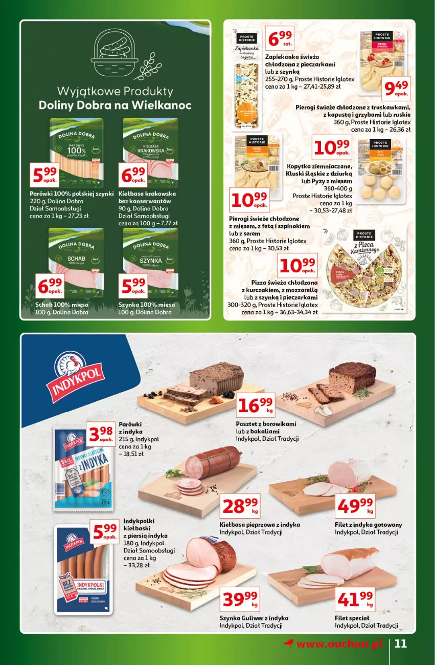 Gazetka promocyjna Auchan - Gazetka Znane Marki Lubiane Hipermarket Auchan - ważna 30.03 do 08.04.2023 - strona 11 - produkty: Kapustą, Kiełbasa, Kiełbasa krakowska, Kopytka, Kurczak, LG, Parówki, Pasztet, Piec, Pieczarka, Pieprz, Pierogi, Pizza, Ser, Szpinak, Szynka, Zapiekanka