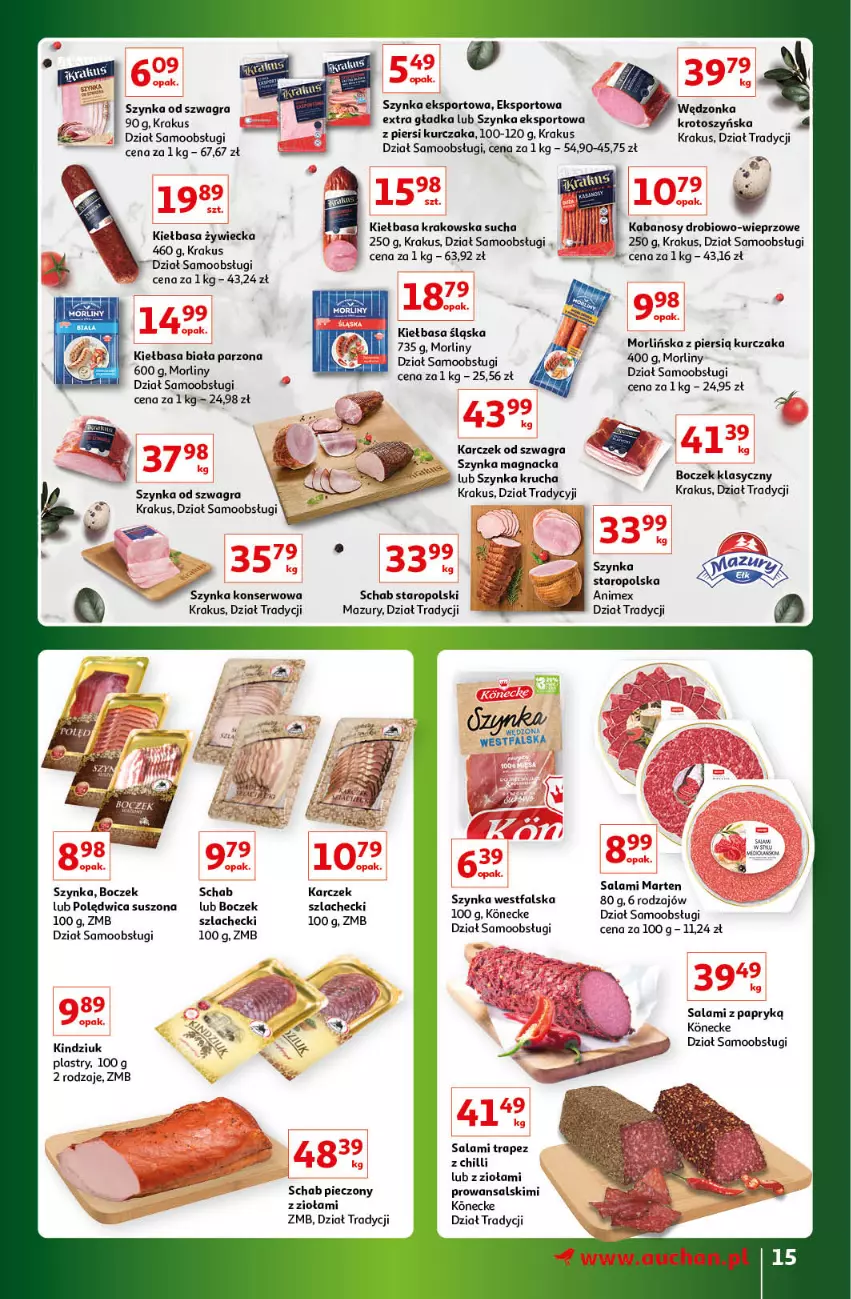 Gazetka promocyjna Auchan - Gazetka Znane Marki Lubiane Hipermarket Auchan - ważna 30.03 do 08.04.2023 - strona 15 - produkty: Boczek, Fa, Gra, Kabanos, Kiełbasa, Kiełbasa biała, Kiełbasa krakowska, Kiełbasa śląska, Kindziuk, Krakus, Kurczak, Morliny, Piec, Polędwica, Por, Salami, Salami z papryką, Schab pieczony, Ser, Sport, Szynka