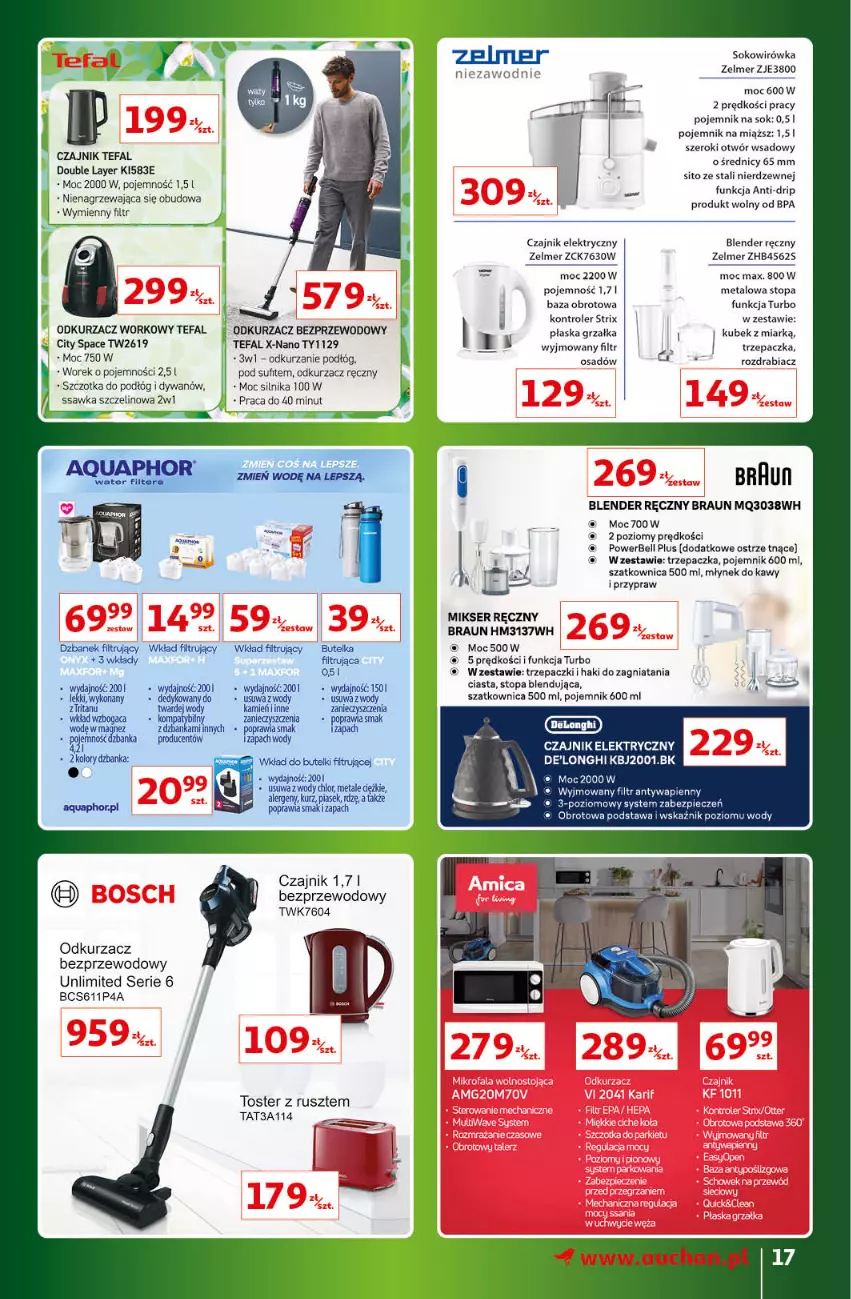 Gazetka promocyjna Auchan - Gazetka Znane Marki Lubiane Hipermarket Auchan - ważna 30.03 do 08.04.2023 - strona 17 - produkty: Bell, Blender, Blender ręczny, Braun, Czajnik, Czajnik elektryczny, Dywan, Dzbanek, Dzbanek filtrujący, Fa, Grzałka, Kontroler, Kubek, Mikser, Mikser ręczny, Młynek, Młynek do kawy, Odkurzacz, Odkurzacz bezprzewodowy, Piec, Pojemnik, Ser, Sito, Sok, Szatkownica, Szczotka, Tefal, Top, Toster, Tran, Trzepaczka, Wkład filtrujący, Zelmer