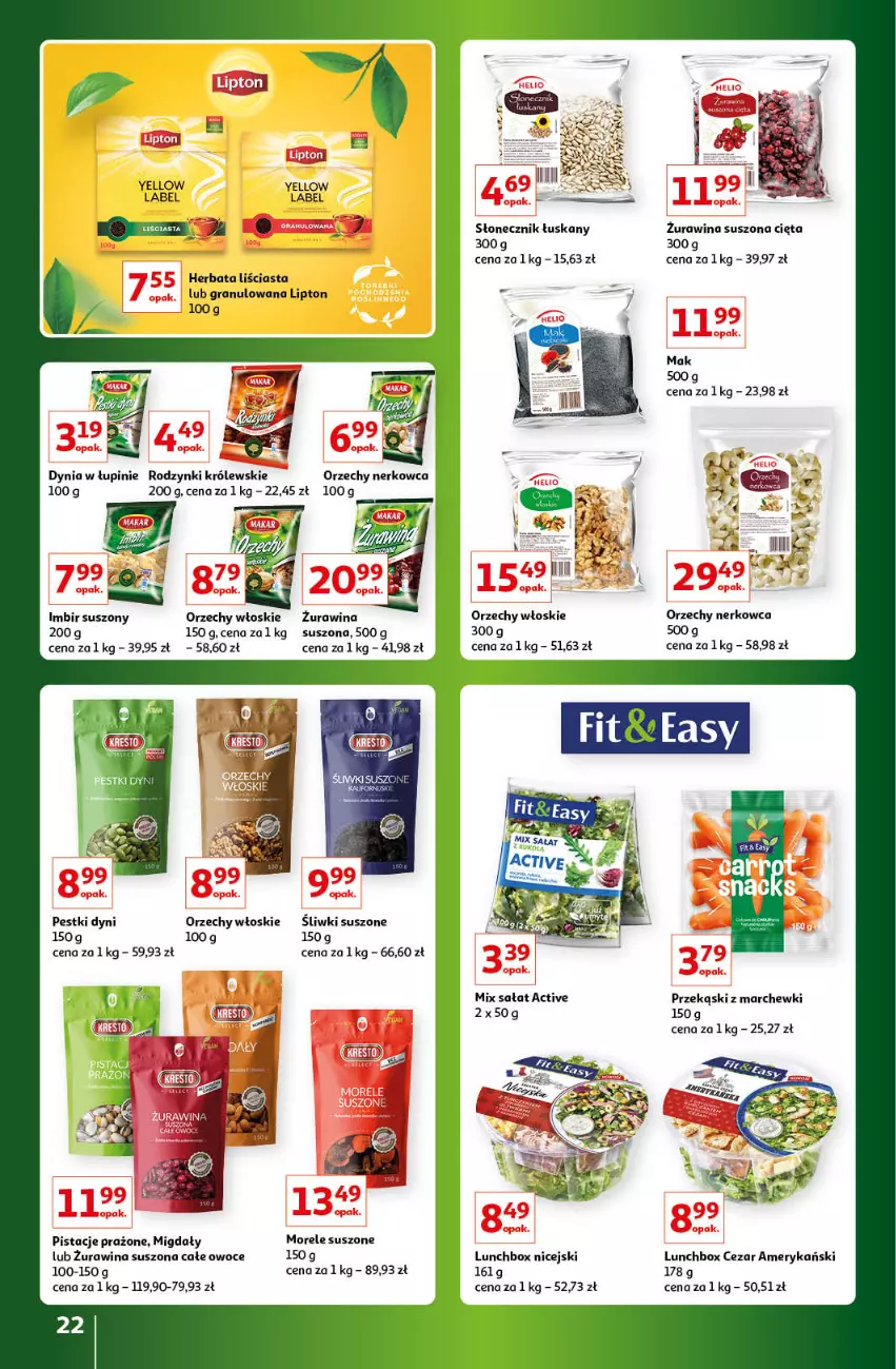 Gazetka promocyjna Auchan - Gazetka Znane Marki Lubiane Hipermarket Auchan - ważna 30.03 do 08.04.2023 - strona 22 - produkty: Gra, Herbata, Imbir, Królewski, Lipton, Migdały, Orzechy włoskie, Owoce, Pestki dyni, Pistacje, Rodzynki, Sałat