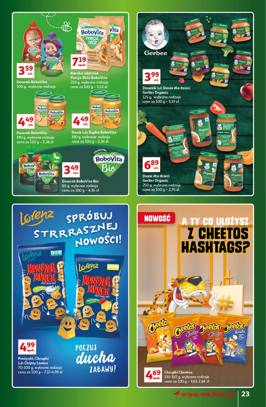 Gazetka promocyjna Auchan - Gazetka Znane Marki Lubiane Hipermarket Auchan - ważna 30.03 do 08.04.2023 - strona 23 - produkty: BoboVita, Chipsy, Chrupki, Danie dla dzieci, Deser, Dzieci, Gerber, Gra, Jaja, Lorenz, Por, Ser, Serek