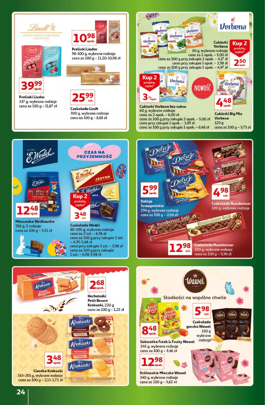 Gazetka promocyjna Auchan - Gazetka Znane Marki Lubiane Hipermarket Auchan - ważna 30.03 do 08.04.2023 - strona 24 - produkty: Ciastka, Cukier, Cukierki, Czekolada, Delicje, Fa, Gala, Galaretka, Herbatniki, Herbatniki Petit Beurre, Krakus, Krakuski, Królewski, Królewskie Mleczko, Lindor, Lindt, Mieszanka wedlowska, Mleczko, Ser, Wawel