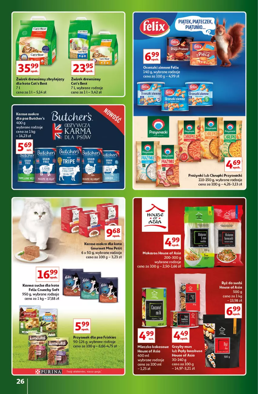 Gazetka promocyjna Auchan - Gazetka Znane Marki Lubiane Hipermarket Auchan - ważna 30.03 do 08.04.2023 - strona 26 - produkty: Butcher's, Chrupki, Felix, House of Asia, Makaron, Pędy bambusa, Przysnacki, Pur, Purina, Ryż, Ryż do sushi, Sushi