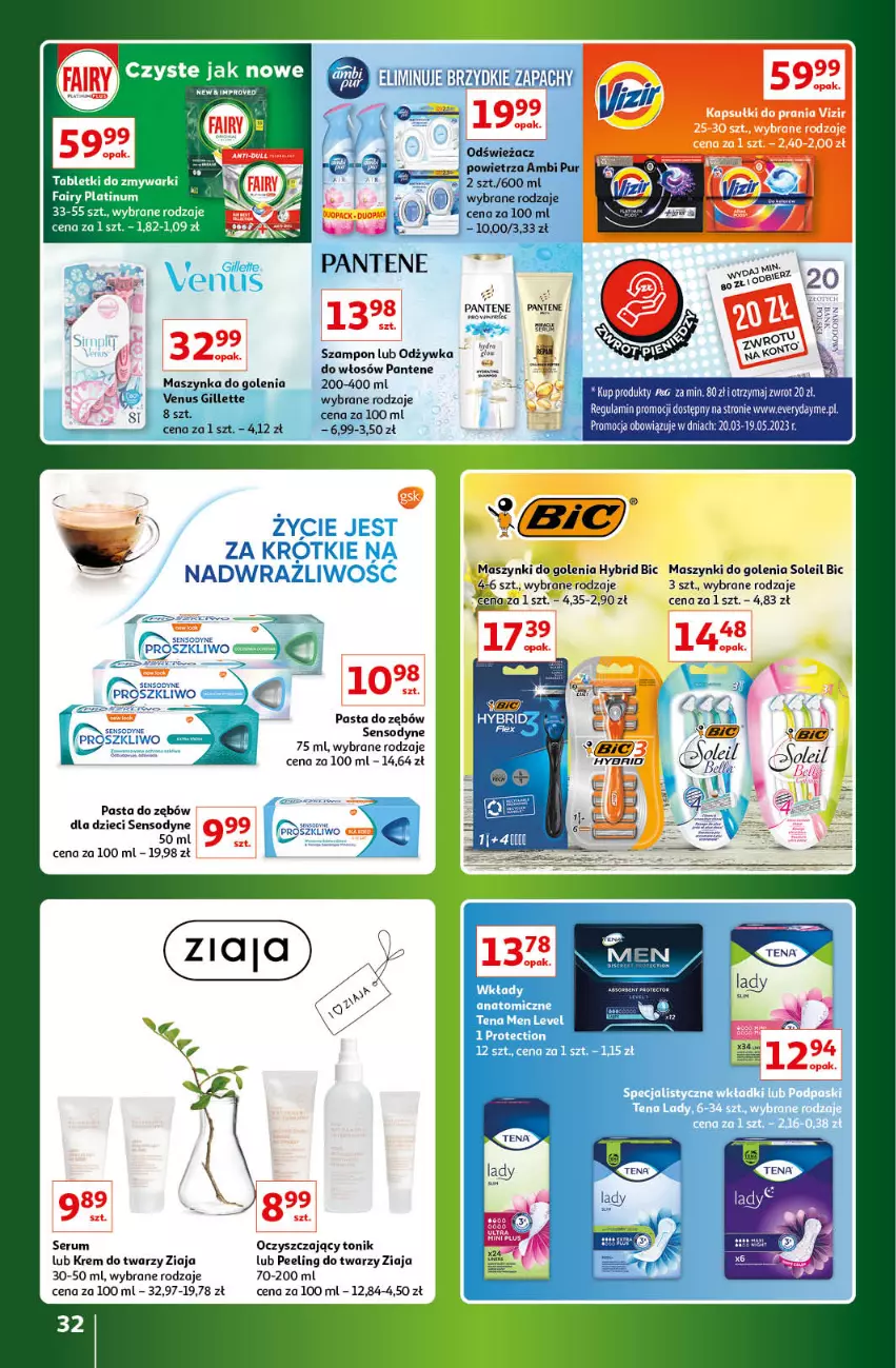 Gazetka promocyjna Auchan - Gazetka Znane Marki Lubiane Hipermarket Auchan - ważna 30.03 do 08.04.2023 - strona 32 - produkty: BIC, Dzieci, Fa, Gillette, Kapsułki do prania, Krem do twarzy, Maszynka, Maszynka do golenia, Odżywka, Pantene, Pasta do zębów, Peeling, Rum, Sensodyne, Ser, Serum, Szampon, Szynka, Tonik, Venus, Vizir, Ziaja