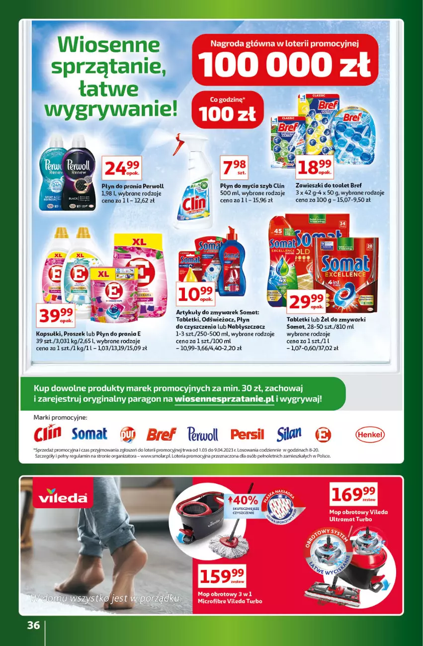 Gazetka promocyjna Auchan - Gazetka Znane Marki Lubiane Hipermarket Auchan - ważna 30.03 do 08.04.2023 - strona 36 - produkty: Bref, Clin, Fa, Gin, Gry, Mola, Perwoll, Płyn do mycia, Płyn do prania, Silan, Somat, Sprzątanie, Tablet, Zawieszki, Zmywarki