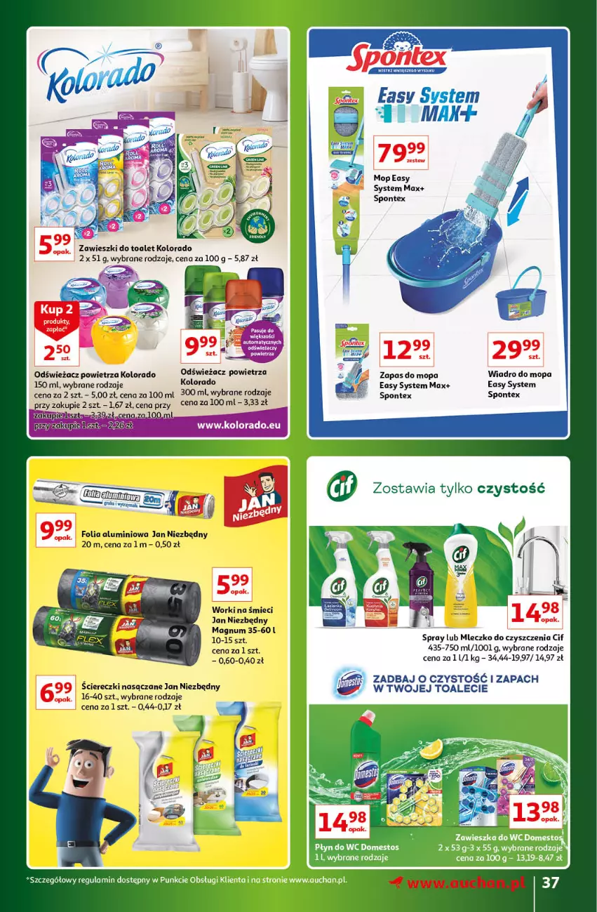 Gazetka promocyjna Auchan - Gazetka Znane Marki Lubiane Hipermarket Auchan - ważna 30.03 do 08.04.2023 - strona 37 - produkty: Cif, Fa, Folia aluminiowa, Jan Niezbędny, Kolorado, Mleczko, Mop, Odświeżacz powietrza, Wiadro, Worki na śmiec, Worki na śmieci, Zawieszki