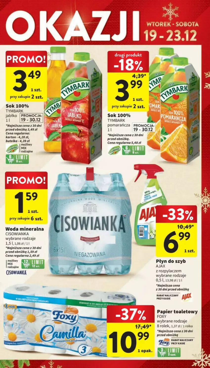 Gazetka promocyjna Intermarche - ważna 19.12 do 23.12.2023 - strona 11 - produkty: Ajax, Cisowianka, Fa, Papier, Papier toaletowy, Płyn do szyb, Sok, Tymbark, Woda, Woda mineralna