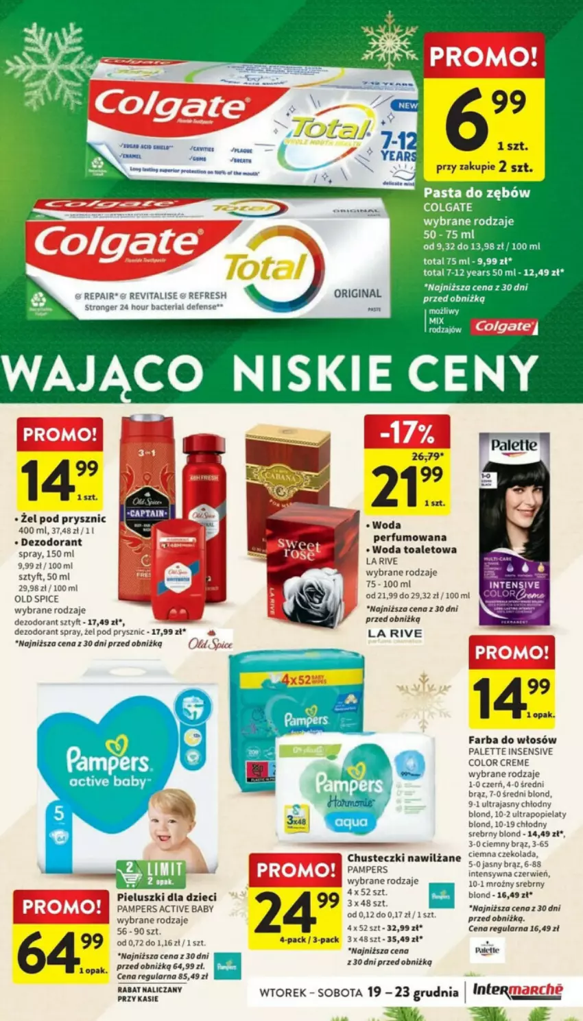 Gazetka promocyjna Intermarche - ważna 19.12 do 23.12.2023 - strona 40 - produkty: Chusteczki, Colgate, Color Creme, Czekolada, Dezodorant, Dzieci, Fa, Farba do włosów, Gin, La Rive, LG, Palette, Pampers, Pasta do zębów, Perfum, Tran, Woda, Woda perfumowana, Woda toaletowa