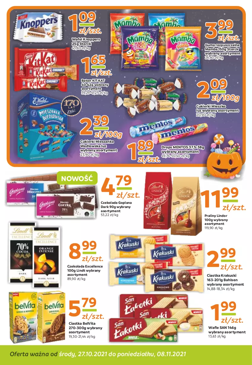 Gazetka promocyjna Gama - Gazetka Gama - ważna 27.10 do 08.11.2021 - strona 4 - produkty: Baton, BelVita, Ciastka, Cukier, Cukierki, Czekolada, Goplana, Guma rozpuszczalna, Kit Kat, Knoppers, Krakus, Krakuski, LANA, Lindor, Lindt, Mamba, Mentos, Mieszanka wedlowska, Praliny