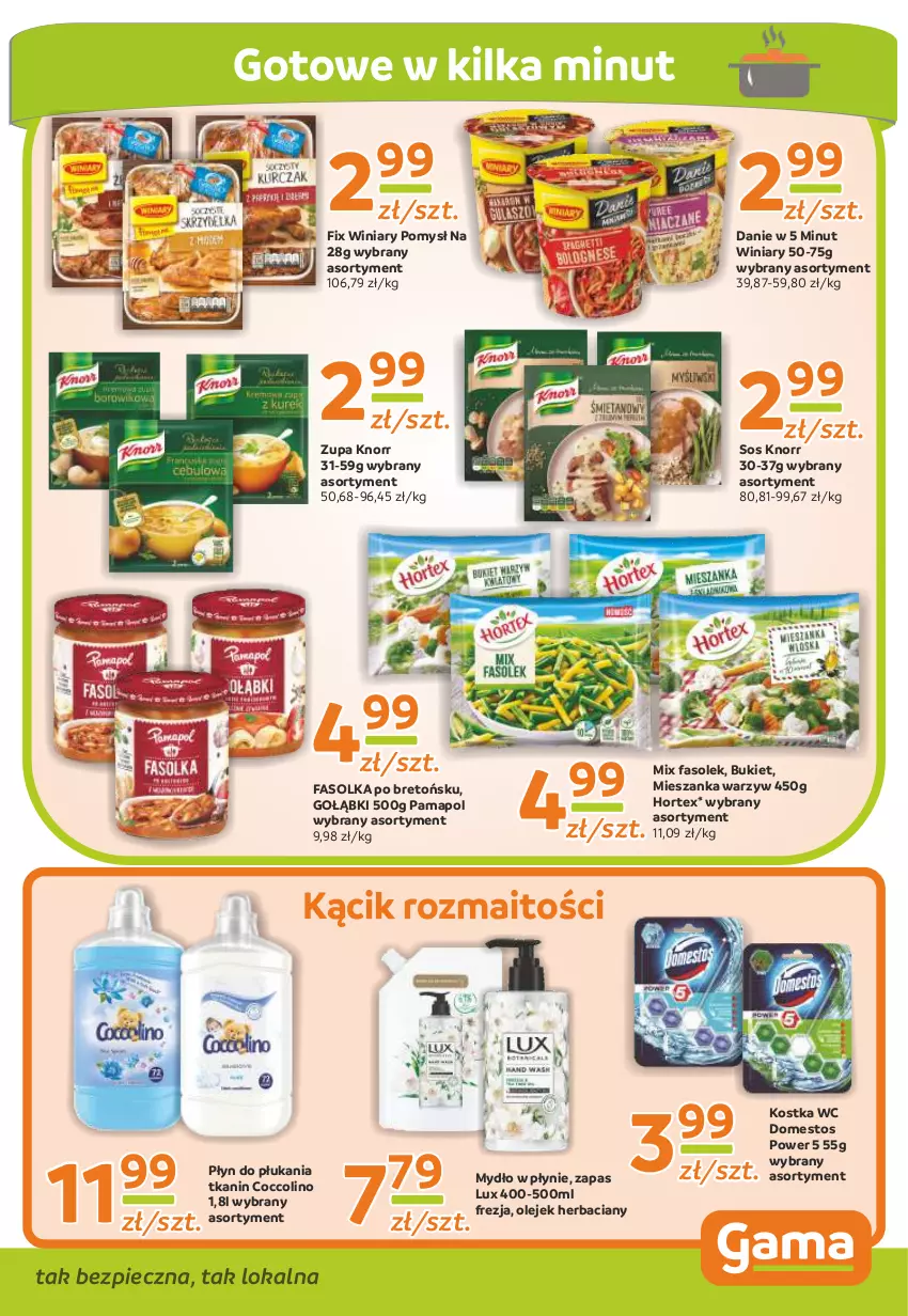 Gazetka promocyjna Gama - Gazetka Gama - ważna 27.10 do 08.11.2021 - strona 9 - produkty: Bukiet, Coccolino, Domestos, Fa, Hortex, Knorr, Mieszanka warzyw, Mydło, Mydło w płynie, Olej, Piec, Płyn do płukania, Sos, Winiary, Zupa